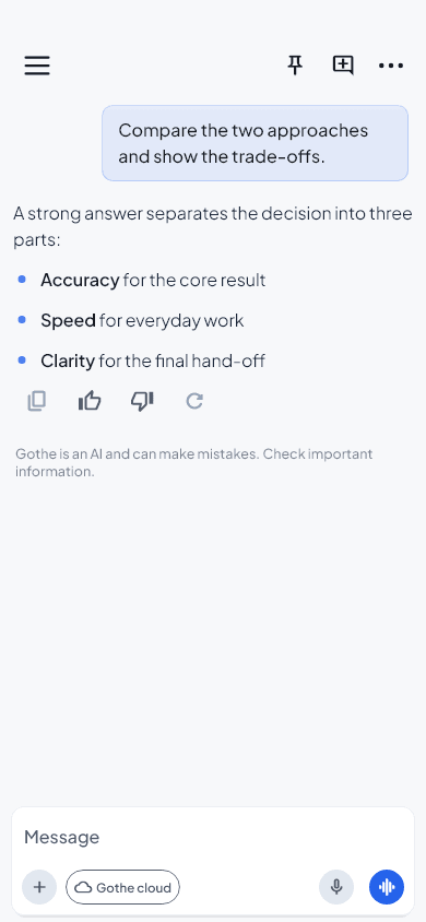 Current Gothe mobile application showing a structured answer and the Gothe cloud target selector